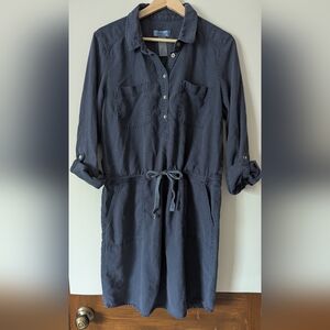 Orvis Women's Medium Navy Linen & Tencel Roll Up Sleeve Shirt Dress